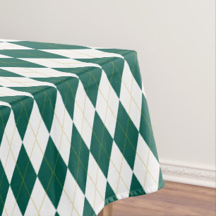 Dark Green Gold White Diamond Argyle Pattern Tablecloth