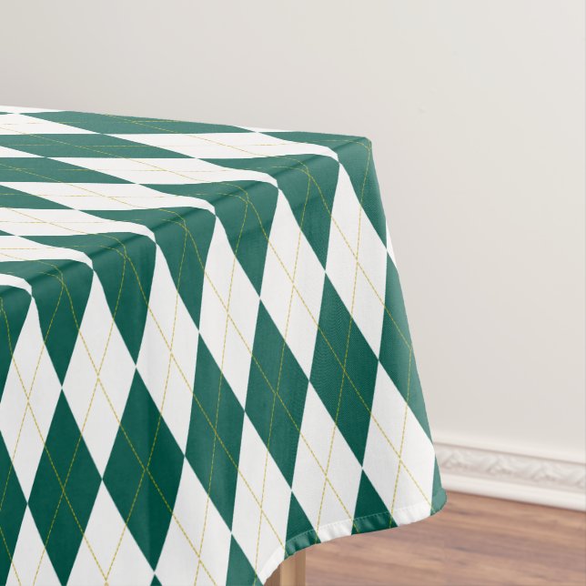 Dark Green | Gold | White Diamond Argyle Pattern Tablecloth (In Situ)
