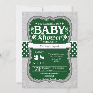 Dark Green Grey Floral Flower Baby Shower Invite