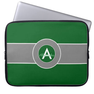 Dark Green Grey Monogram Personalized Laptop Sleeve