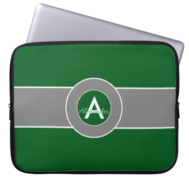 Dark Green Grey Monogram Personalized Laptop Sleeve (Front)