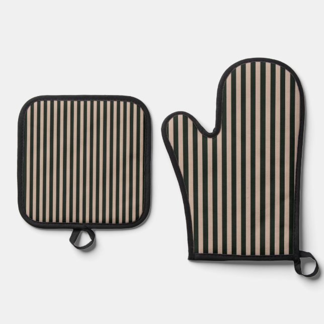 Dark Green Grey Stripes Cooking Oven Mitt & Pot Holder Set (Front)