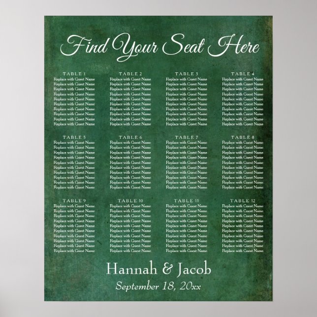 Dark Green Grunge Reception Seating Chart (Front)