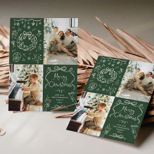 Dark Green Hand Drawn Bows Merry Christmas 2 Photo Holiday Card