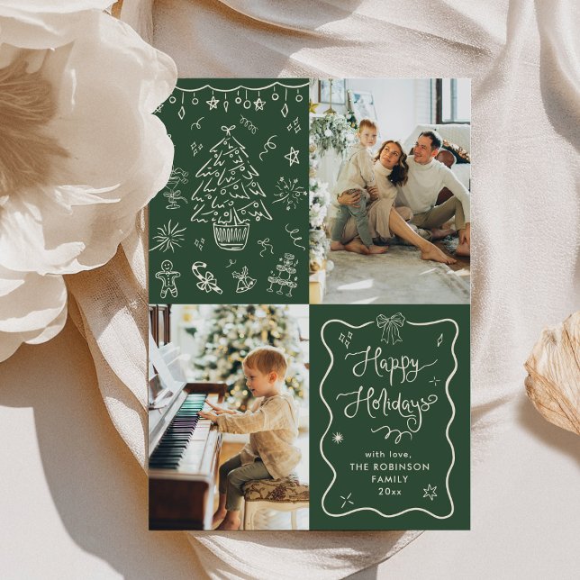 Dark Green Hand Drawn Chalk Happy Holidays 2 Photo Holiday Card (Creator Uploaded)