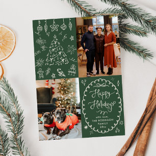 Dark Green Hand Drawn Happy Holidays 2 Photo Holiday Card