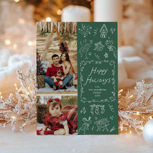 Dark Green Hand Drawn Icons Happy Holidays 2 Photo Holiday Card
