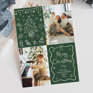 Dark Green Hand Drawn Merry Christmas 2 Photo Holiday Card