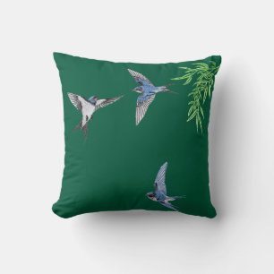 Dark green imitation embroidered bird throw pillow