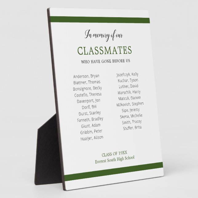 Dark Green In Memory Of Our Classmates Names Plaque (Side)