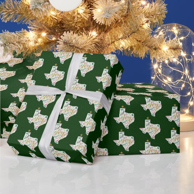 Dark Green Joy Holiday Leaves Texas Shape Wrapping Paper (Holidays)