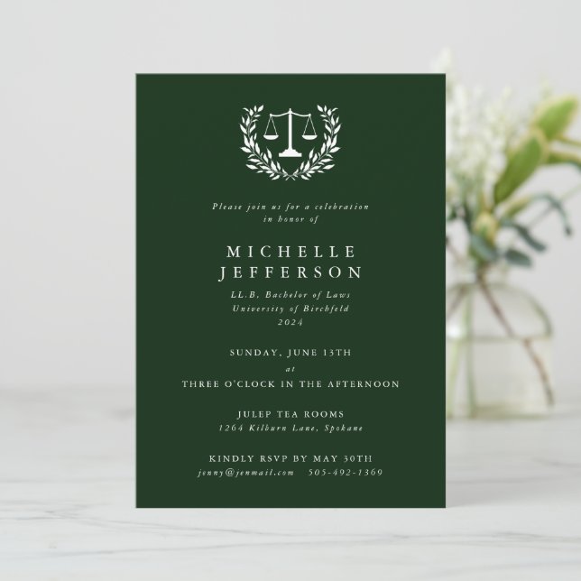 Dark Green Law Qualifications Laurel Wreath Invitation (Standing Front)