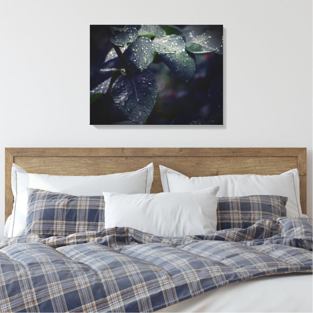 Dark Green Leaves and Raindrops Canvas Print (Insitu(Bedroom))