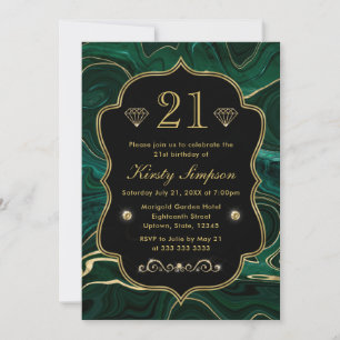 Dark Green Malachite and Gold Foil Strata Birthday Invitation
