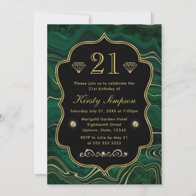 Dark Green Malachite and Gold Foil Strata Birthday Invitation (Front)