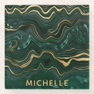Dark Green Malachite and Gold Foil Strata Veining Glass Coaster