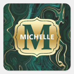Dark Green Malachite and Gold Foil Strata Veining Square Sticker