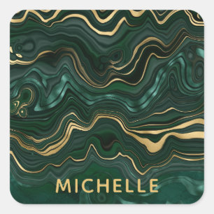 Dark Green Malachite and Gold Foil Strata Veining Square Sticker
