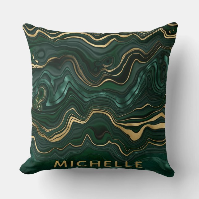 Dark Green Malachite and Gold Foil Strata Veining Throw Pillow (Front)