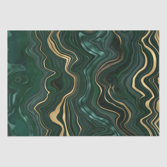 Dark Green Malachite and Gold Foil Strata Veining Tissue Paper (Front)