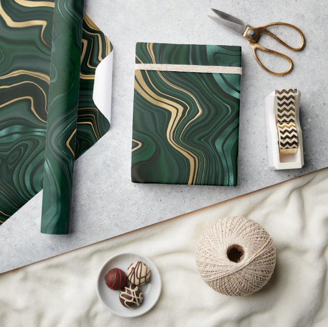 Dark Green Malachite and Gold Foil Strata Veining Wrapping Paper (Crafts)
