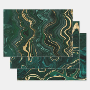 Dark Green Malachite and Gold Foil Strata Veining Wrapping Paper Sheet