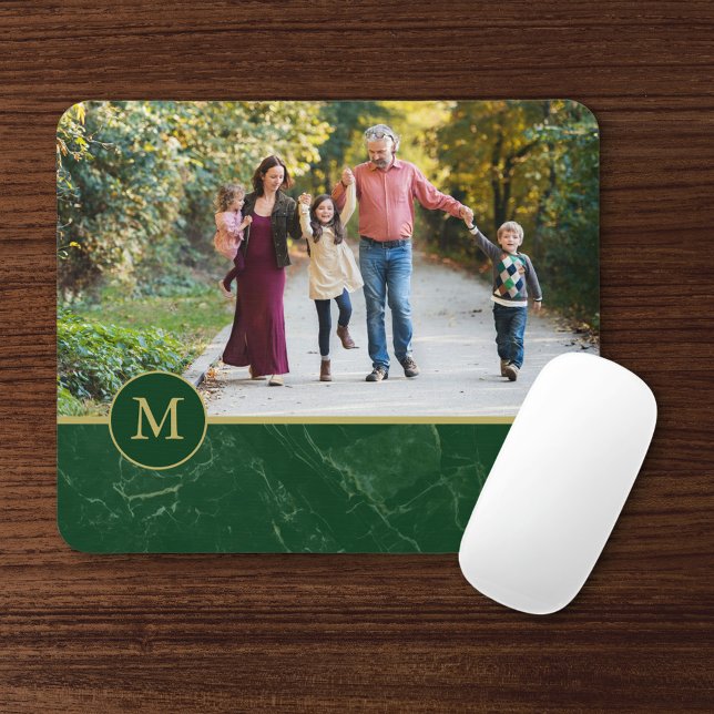 Dark Green Marble Tan Monogram Family Photo Mouse Pad (Creator Uploaded)