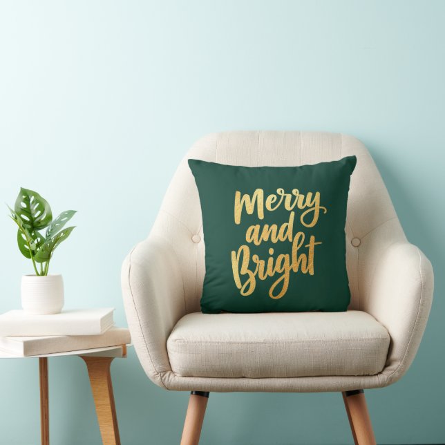 Dark Green Merry and Bright - Gold Script Decor Throw Pillow (Chair)