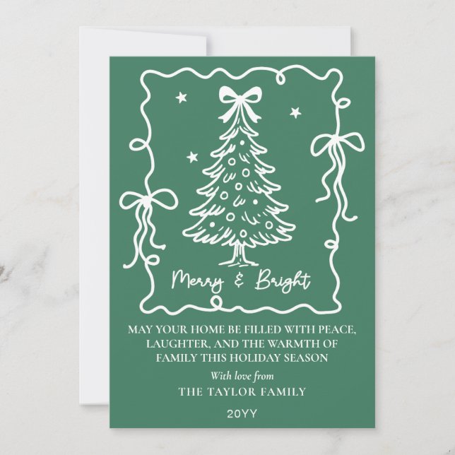Dark Green Merry & Bright White Hand Drawn Tree Holiday Card (Front)