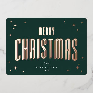 Dark Green Merry Christmas Retro Stars Flat Foil Holiday Card