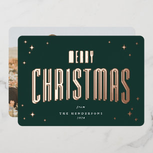 Dark Green Merry Christmas Retro Stars Photo  Foil Holiday Card