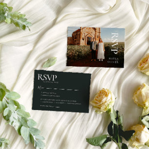 Dark Green Minimalist Wedding Photo RSVP Card