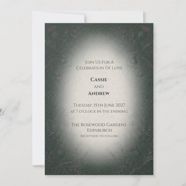 Dark Green Misty Thistle Wedding Invitation (Front)