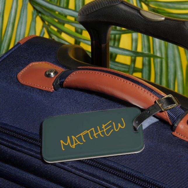 Dark green modern gold lettering script luggage tag (Front Insitu 3)