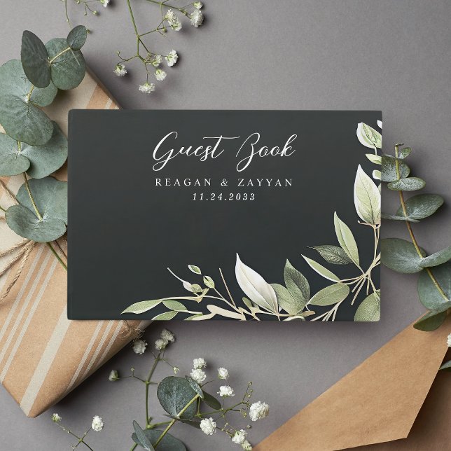 Dark Green Modern Greenery Leaves Wedding Guest Book (Creator Uploaded)