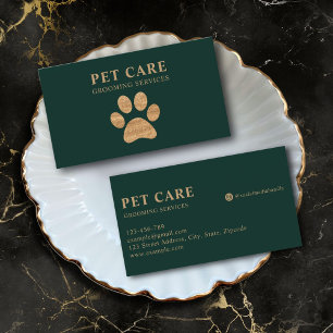 Dark Green Modern Luxury Golden Paw Pet Grooming Business Card