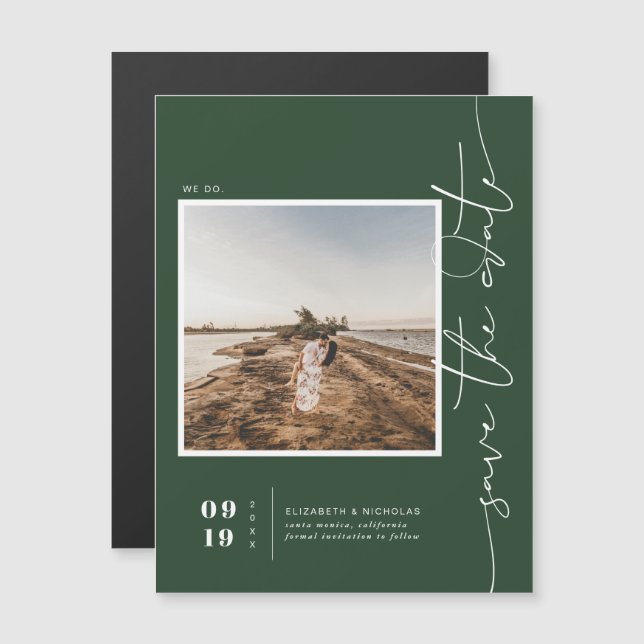 Dark Green | Modern Minimal Save the Date Photo Magnetic Invitation (Front/Back)