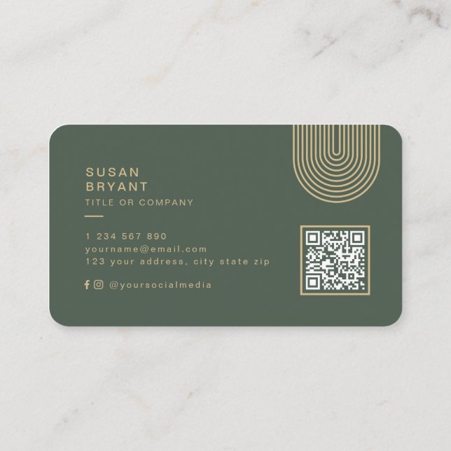  Dark Green Modern Monogram QR code social media Business Card (Back)