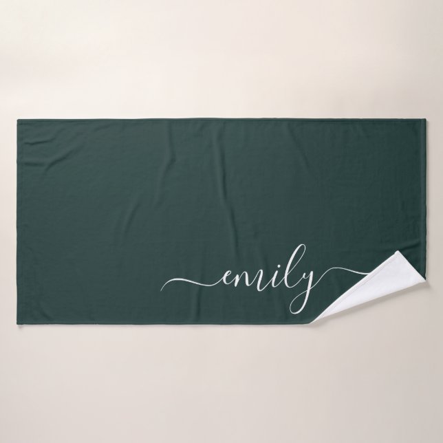 Dark Green Modern Script Monogram Name Bath Towel (Bath Towel)