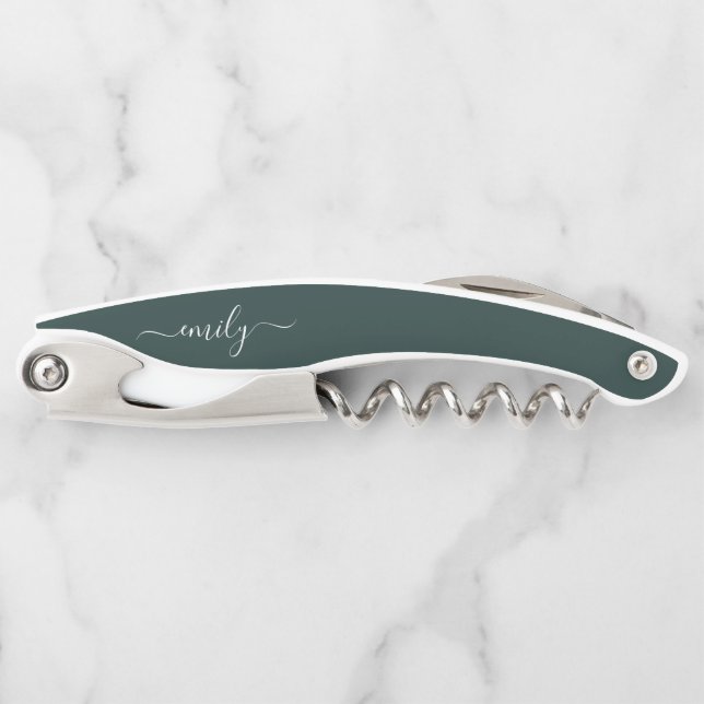 Dark Green Modern Script Monogram Name Corkscrew (Front)