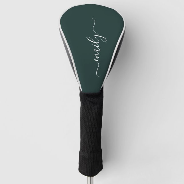 Dark Green Modern Script Monogram Name Golf Head Cover (Front)