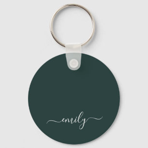 Dark Green Modern Script Monogram Name Keychain