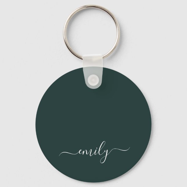 Dark Green Modern Script Monogram Name Keychain (Front)