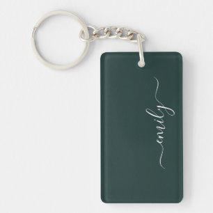 Dark Green Modern Script Monogram Name Keychain