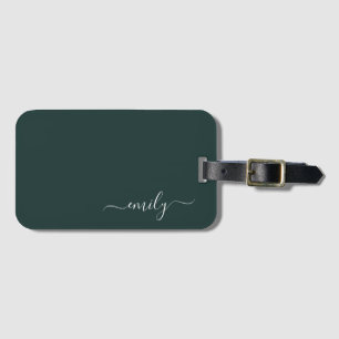 Dark Green Modern Script Monogram Name Luggage Tag