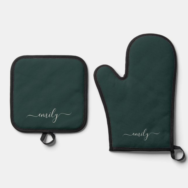 Dark Green Modern Script Monogram Name Oven Mitt & Pot Holder Set (Front)