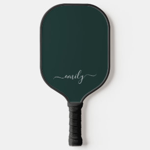 Dark Green Modern Script Monogram Name Pickleball Paddle