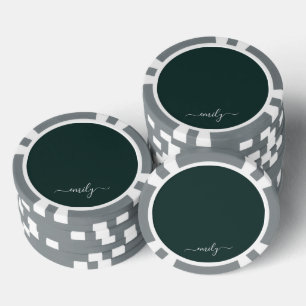 Dark Green Modern Script Monogram Name Poker Chips