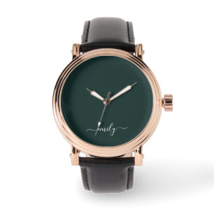 Dark Green Modern Script Monogram Name Watch