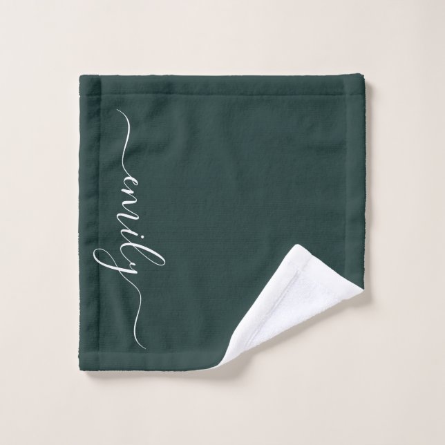 Dark Green Modern Script Nom du monogramme (Gant de toilette)